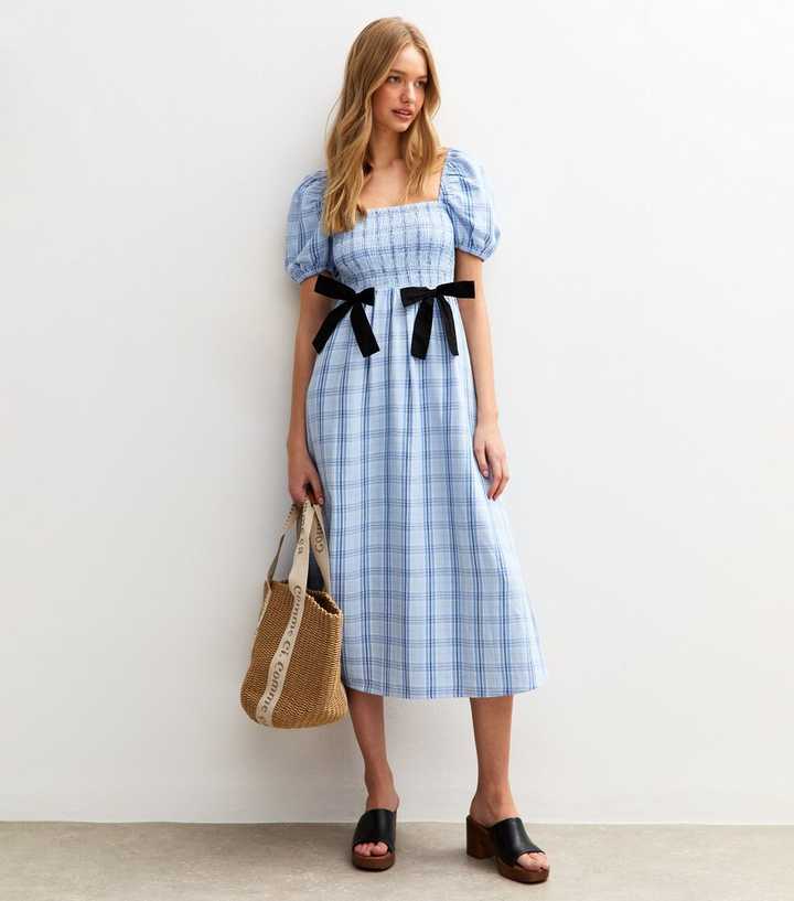 Blue Gingham Check Bow Front Midi Dress
