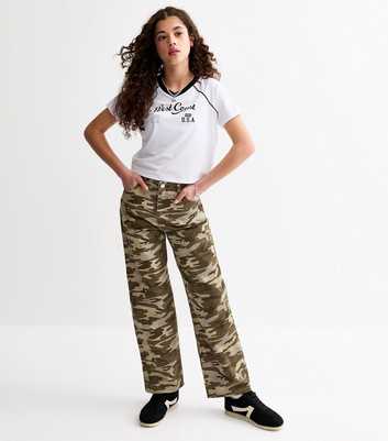 Girls Green Camouflage Print Wide Leg Jeans