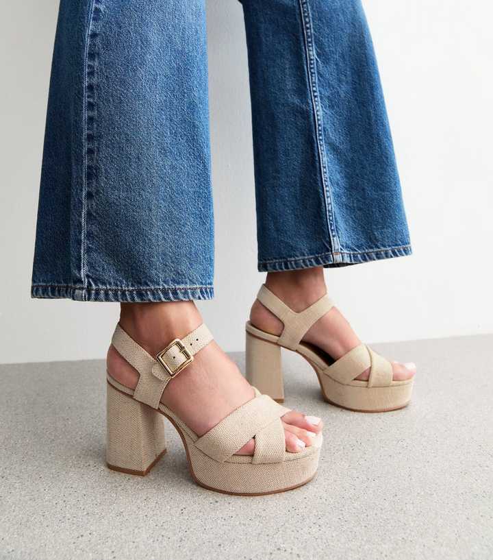 Off White Textured Block Heel Platform Sole Sandals