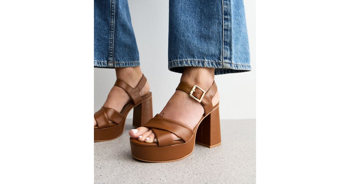 Brown Faux Leather Platform Sole Block Heel Sandals New Look