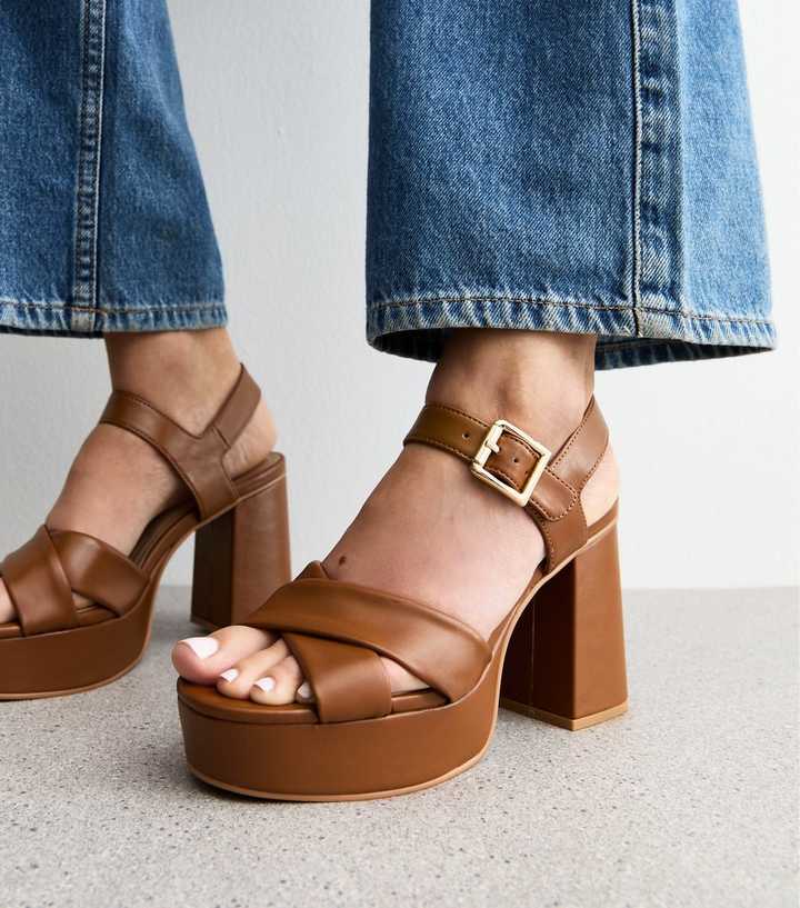 Brown Faux Leather Platform Sole Block Heel Sandals