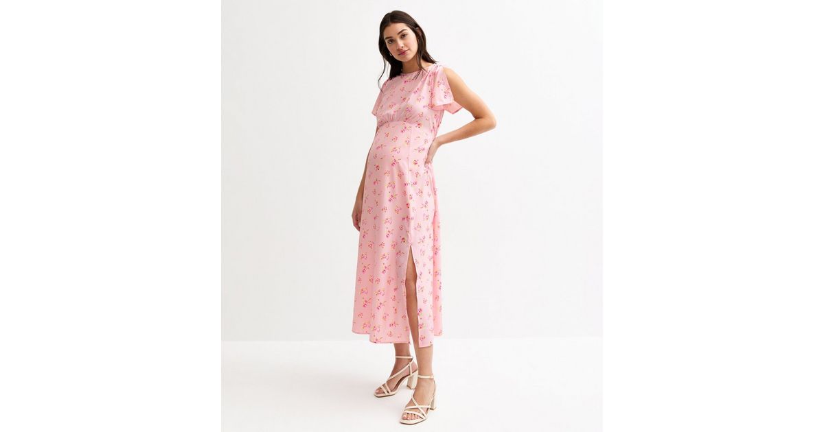 Maternity Pink Floral Print Flutter Sleeve Midi Dress New Look