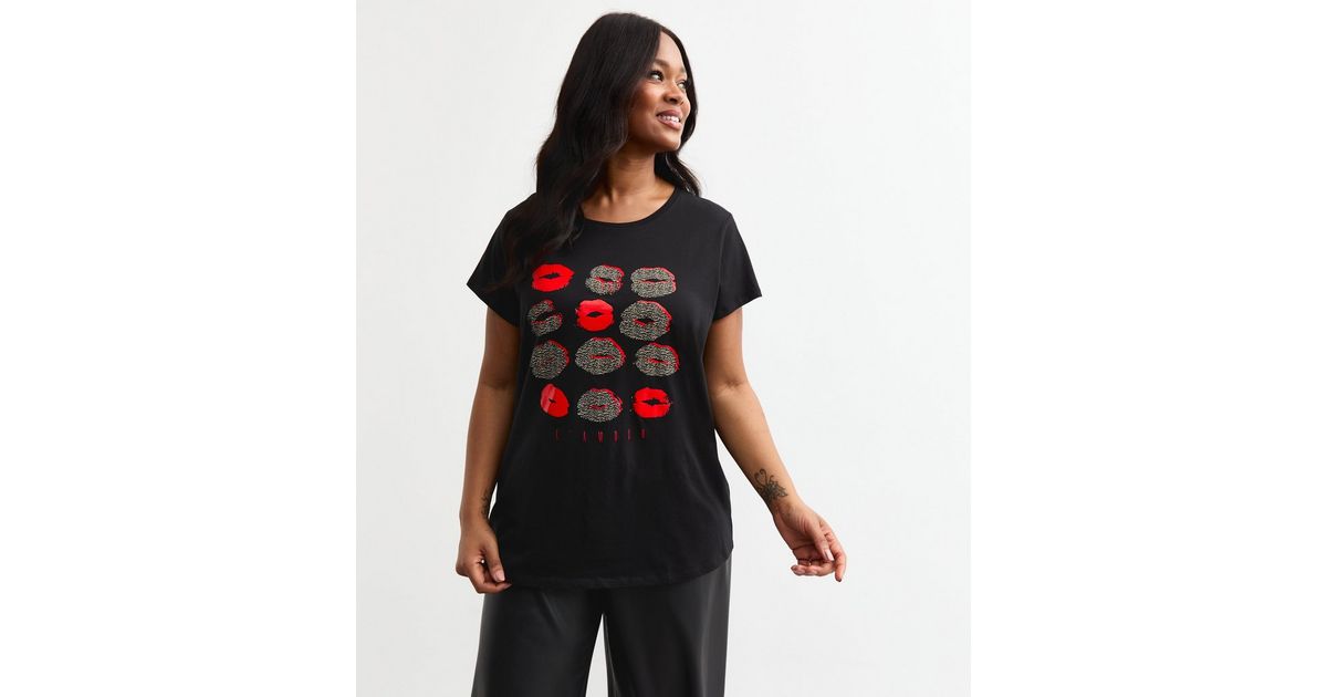 Lips Leopard Print Round Neck Short-sleeved Tshirt Women