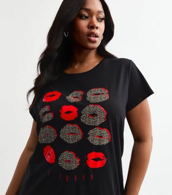 Curves Black Leopard Lips Print T Shirt New Look