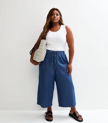 Blue Denim Drawstring Waist Cropped Trousers | New Look