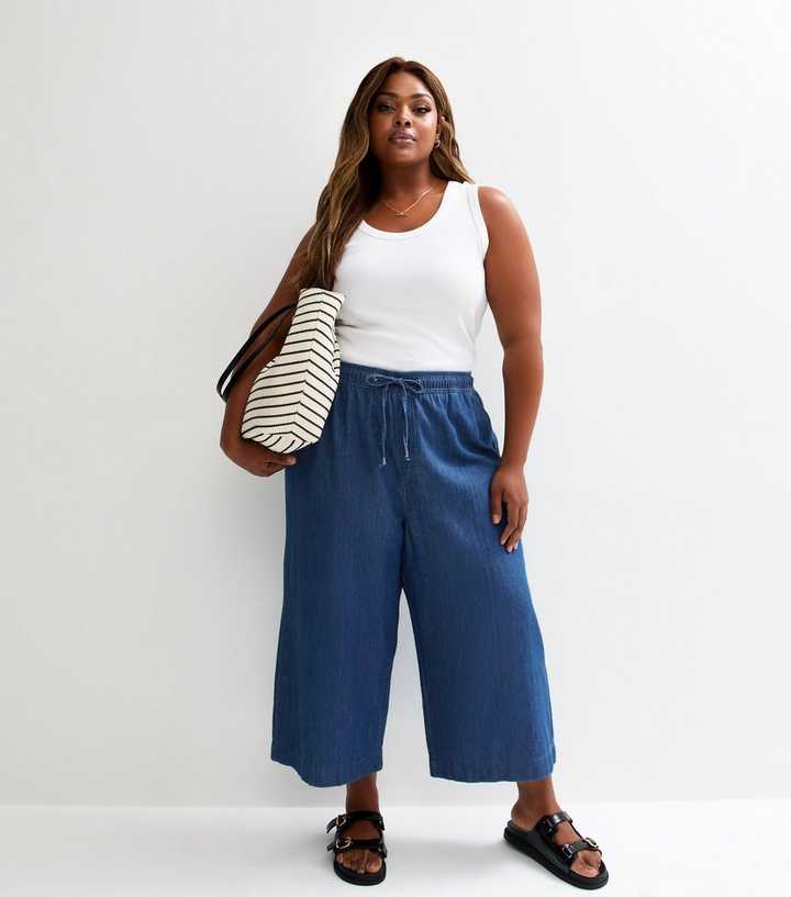 Blue Denim Drawstring Waist Cropped Trousers