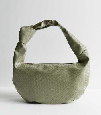 Light Green Faux Leather Woven Look Knotted Shoulder Bag