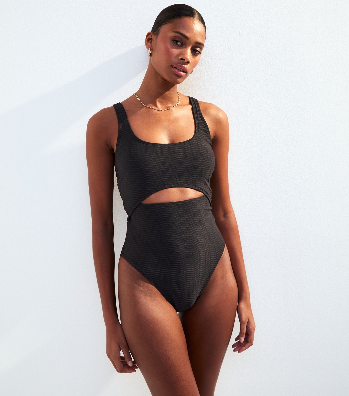 Women's Black Wave Textured Cut Out Swimsuit New Look
