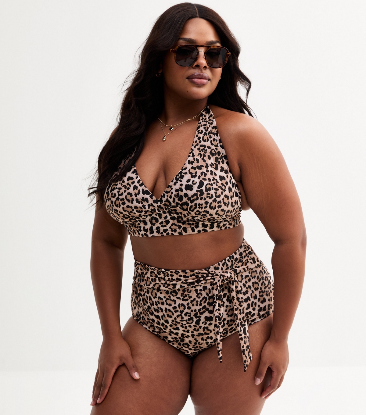Women's Plus Size Brown Leopard Print Halterneck Bikini Top Curves New Look