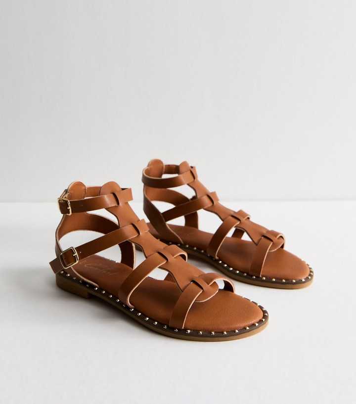 Tan Faux Leather Studded Trim Gladiator Strap Sandals