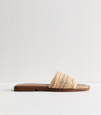Wide Fit Off White Embellished Raffia Strap Faux Leather