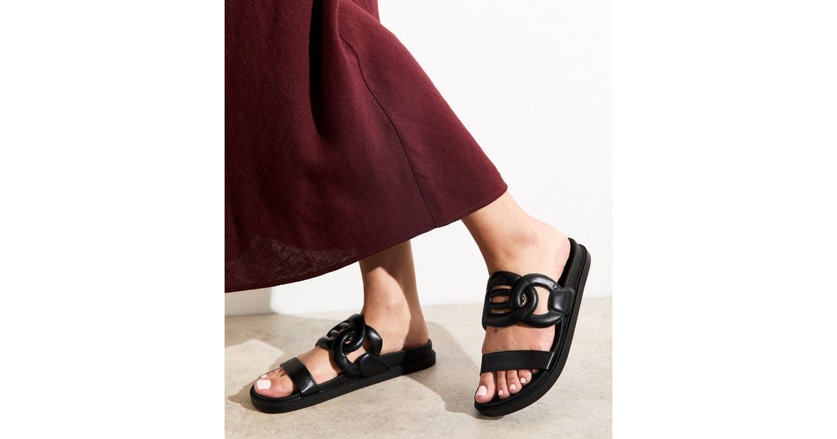 Wide Fit Black Faux Leather Double Strap Mule Sandals | New Look