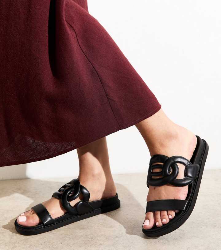 Wide Fit Black Faux Leather Double Strap Mule Sandals | New Look