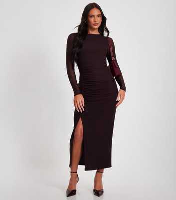 QUIZ Brown Ruched Mesh Midi Dress