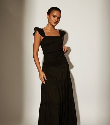 South Beach Black Smocked Frill Strap Top | New Look
