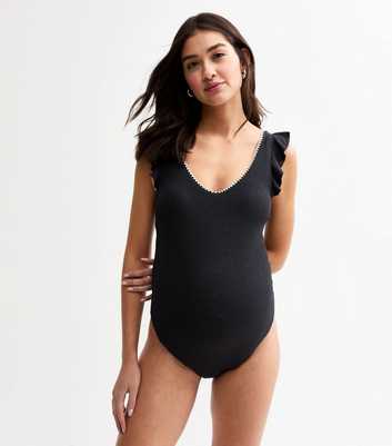 Maternity Black Textured Jersey Blanket Stitch Swimsuit