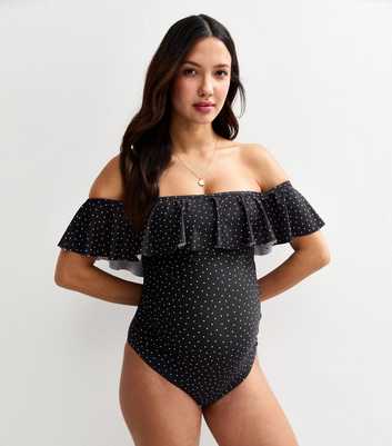 Maternity Black Polka Dot Frilly Trim Swimsuit