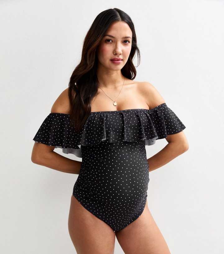 Maternity Black Polka Dot Frilly Trim Swimsuit
