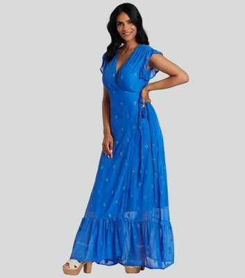 South Beach Bright Blue Sequin Embroidered Wrap Midi Dress