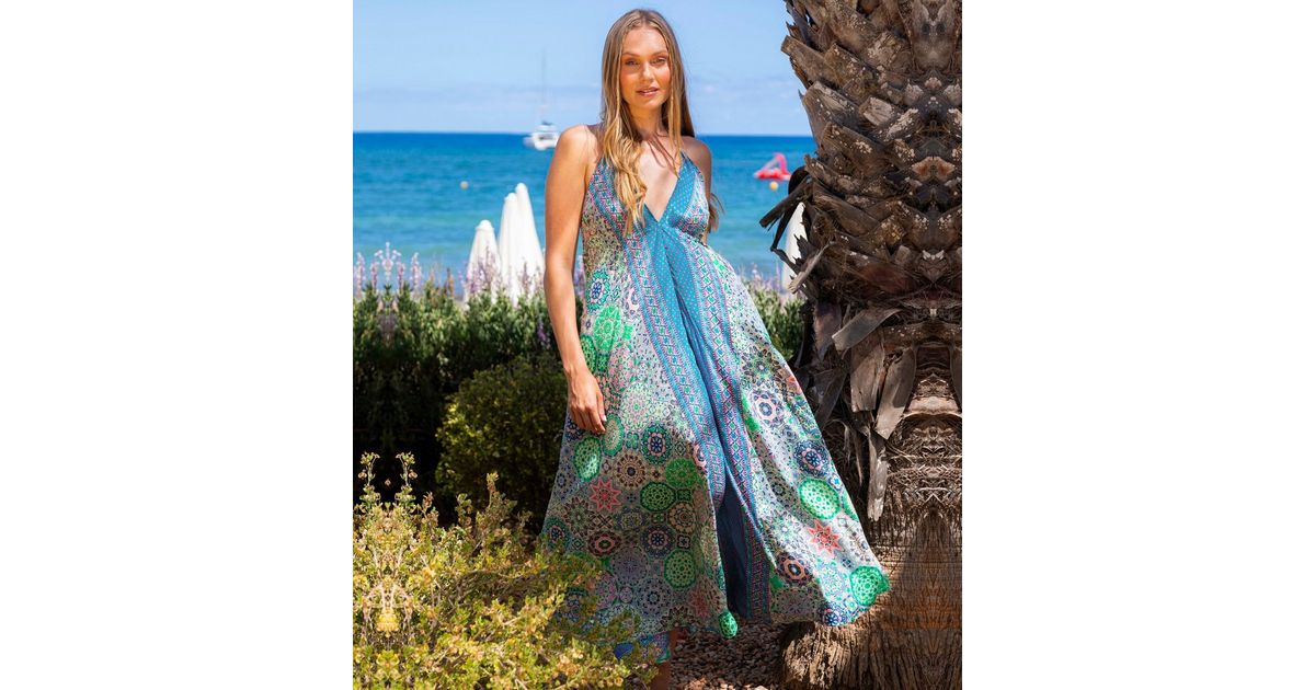 South Beach Blue Scarf Print Halterneck Maxi Dress | New Look South Beach Blue Scarf Print Halterneck Maxi Dress | New Look