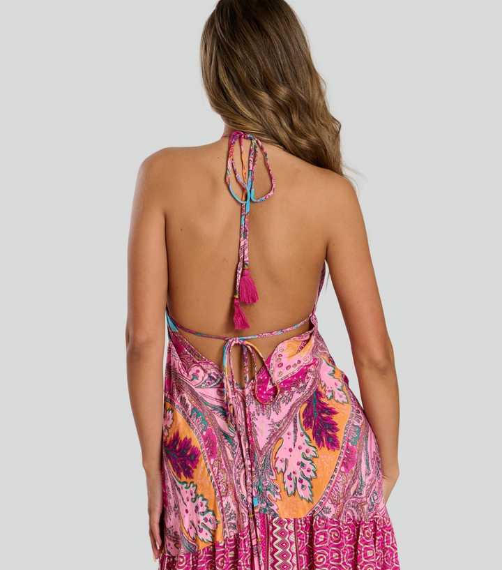 South Beach Pink Scarf Print Halterneck Maxi Dress | New Look