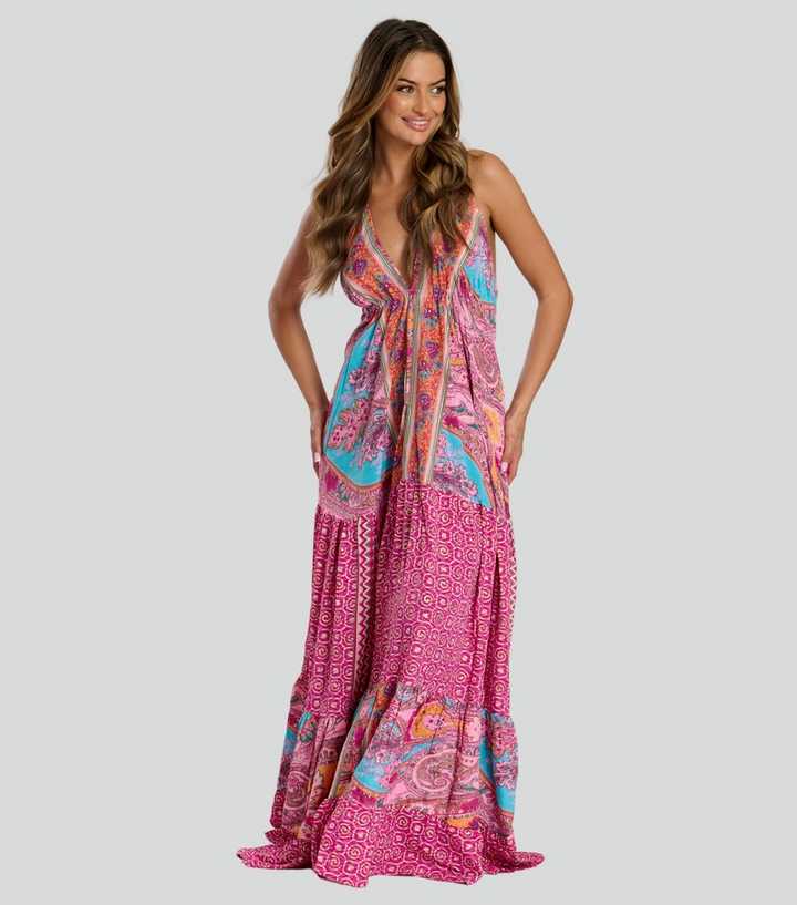South Beach Pink Scarf Print Halterneck Maxi Dress | New Look