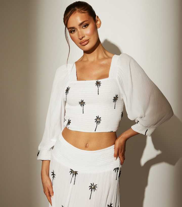 South Beach White Palm Tree Embroidered Shirred Top