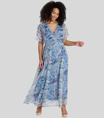 South Beach Light Blue Leaf Print Midi Dress