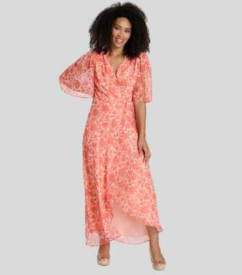 South Beach Coral Floral Print Wrap Midi Dress