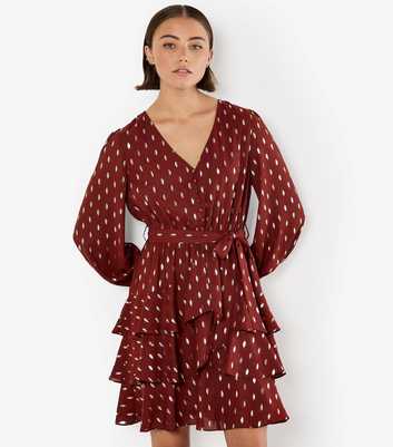 Apricot Burgundy Foil Dot Layered Long Sleeve Mini Dress