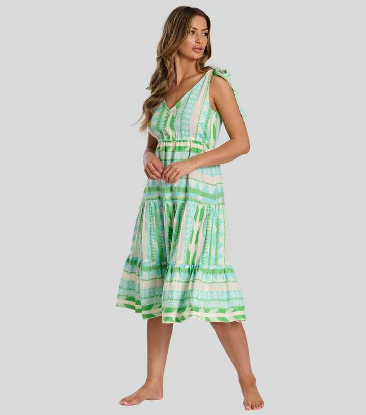 South Beach Green Jacquard Tie Shoulder Midi Dress