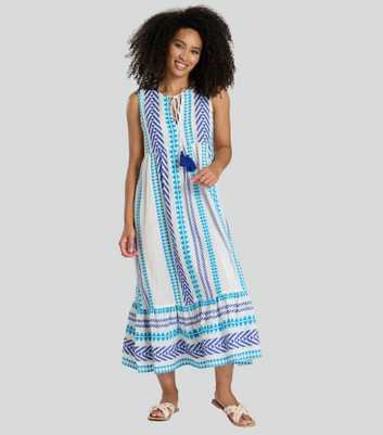 South Beach Blue Tie Neck Patterned Jacquard Midi Dress