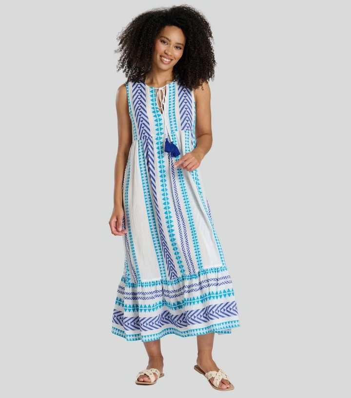 South Beach Blue Tie Neck Patterned Jacquard Midi Dress