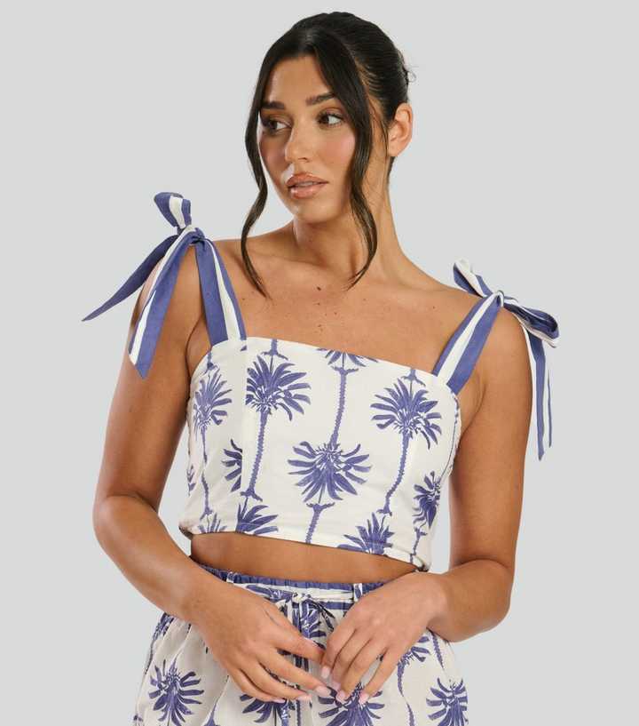 South Beach White Palm Tree Print Tie Shoulder Crop Top
