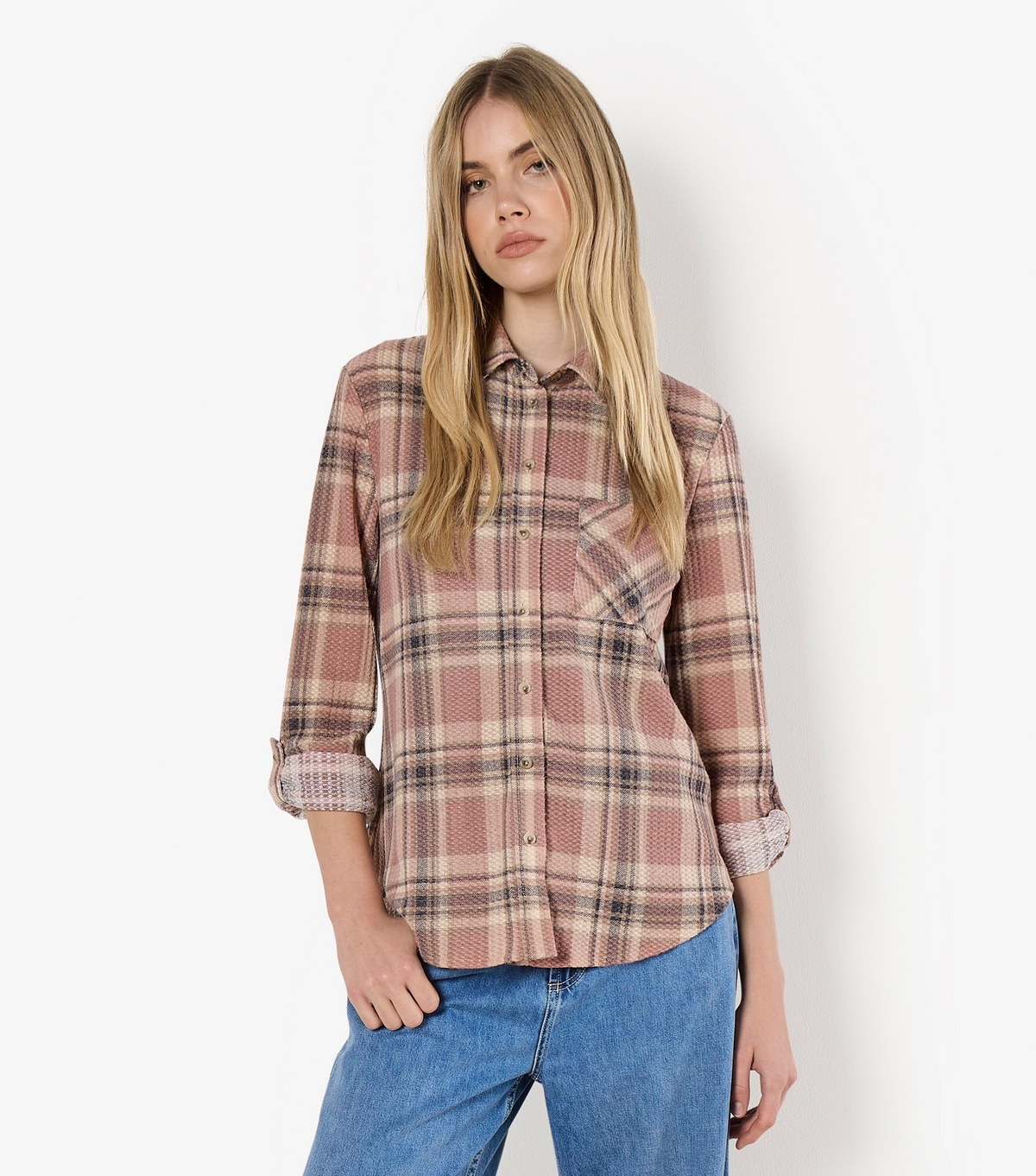 Women's Pink Plaid Check Waffle Shirt Apricot New Look