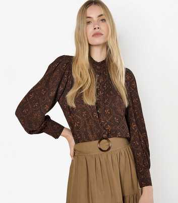 Apricot Brown Mosaic Print Ruffle Trim Blouse 