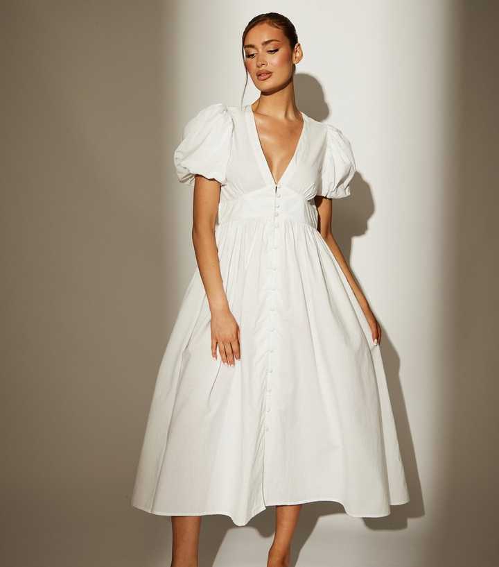 South Beach White Puff Sleeve Midi Dress