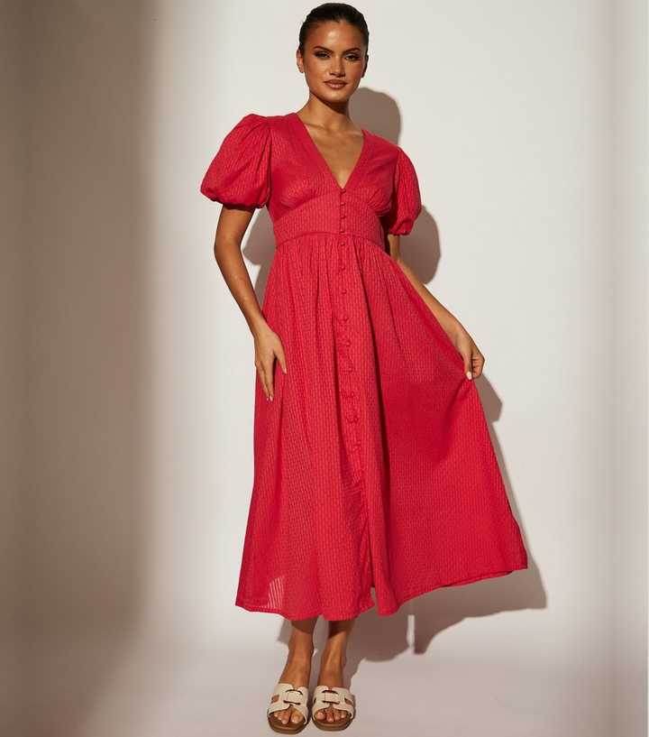 South Beach Bright Pink Textured Puff Sleeve Midi Dress