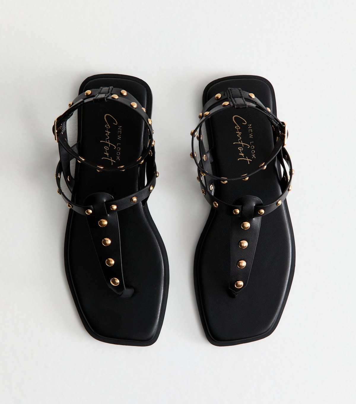 Women's Black Faux Leather Studded Strap Flat Sandals New Look