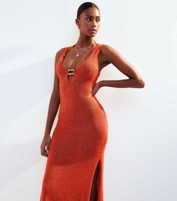 strapless open back dress Satin Twist Back Maxi Dress in Rust