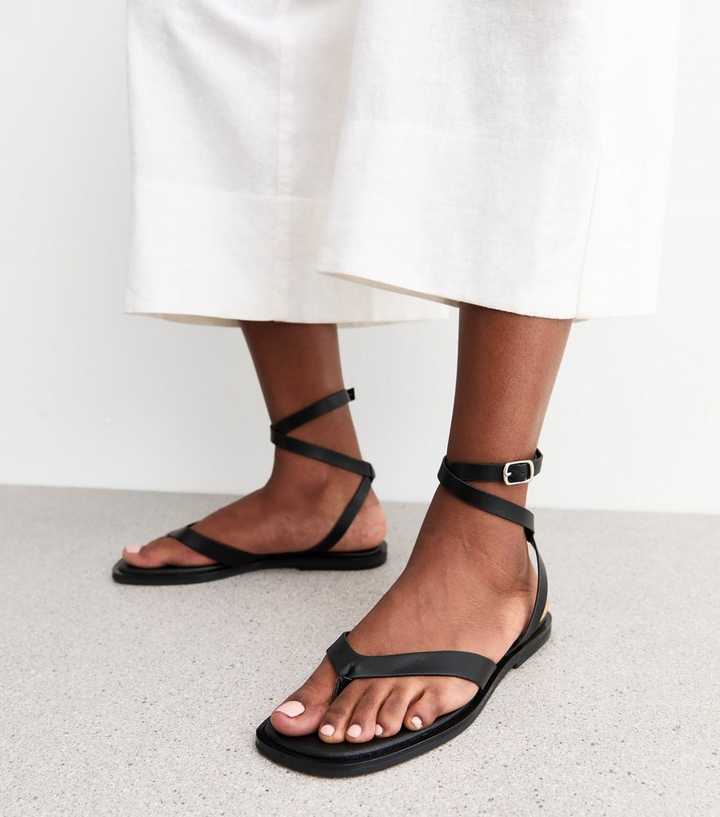 Black Faux Leather Thong Strap Ankle Wrap Flat Sandals