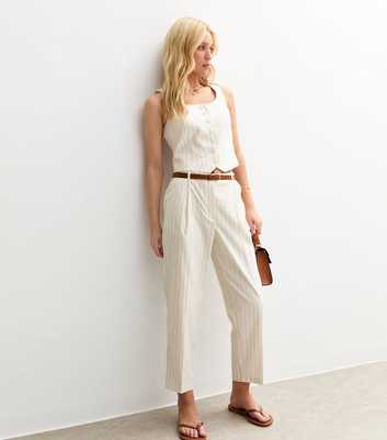Cream Pinstripe Barrel Leg Belted Tailored Trousers