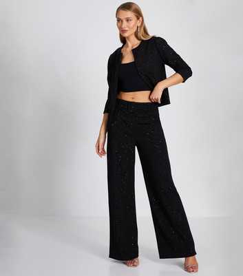 QUIZ Black Glitter Belted Wide Leg Trousers