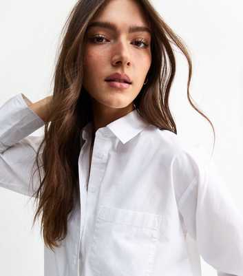 White Long Sleeve Curved Hem Poplin Shirt