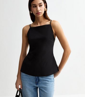 Black Slit Hem Longline Jersey Cami Top | New Look