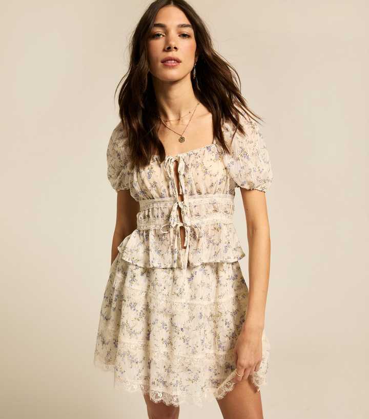Cream Floral Print Lace Trimmed Tie Front Top
