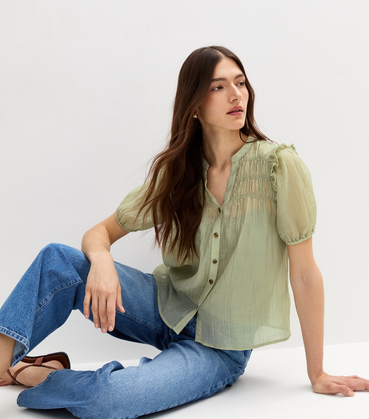 Women's Green Shirred Bib Frill Sleeve Shirt New Look