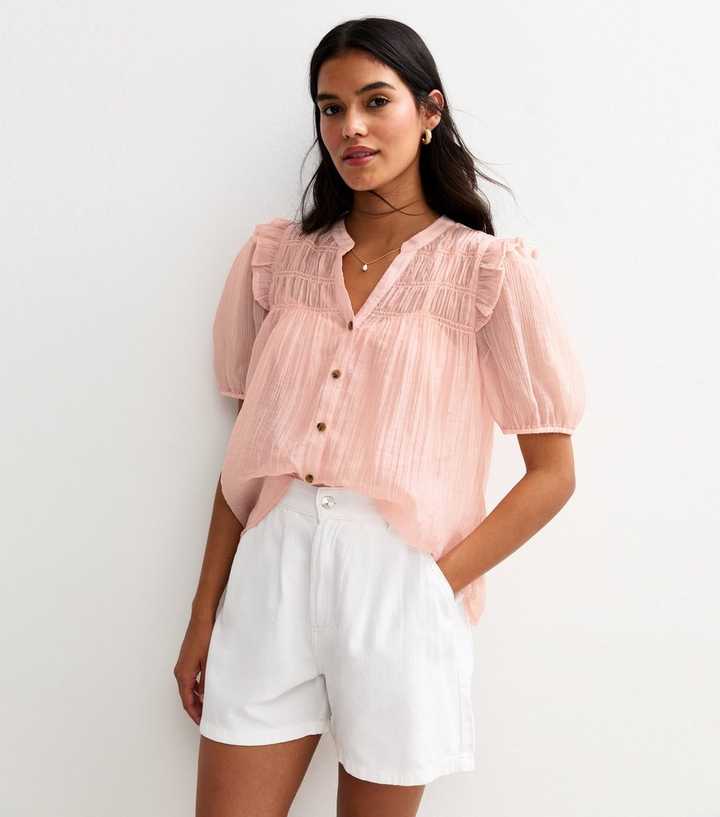Pink Shirred Bib Frill Sleeve Shirt