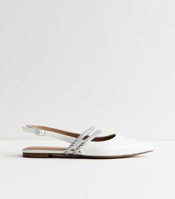White Leather Look Diamantè Slingback Pumps