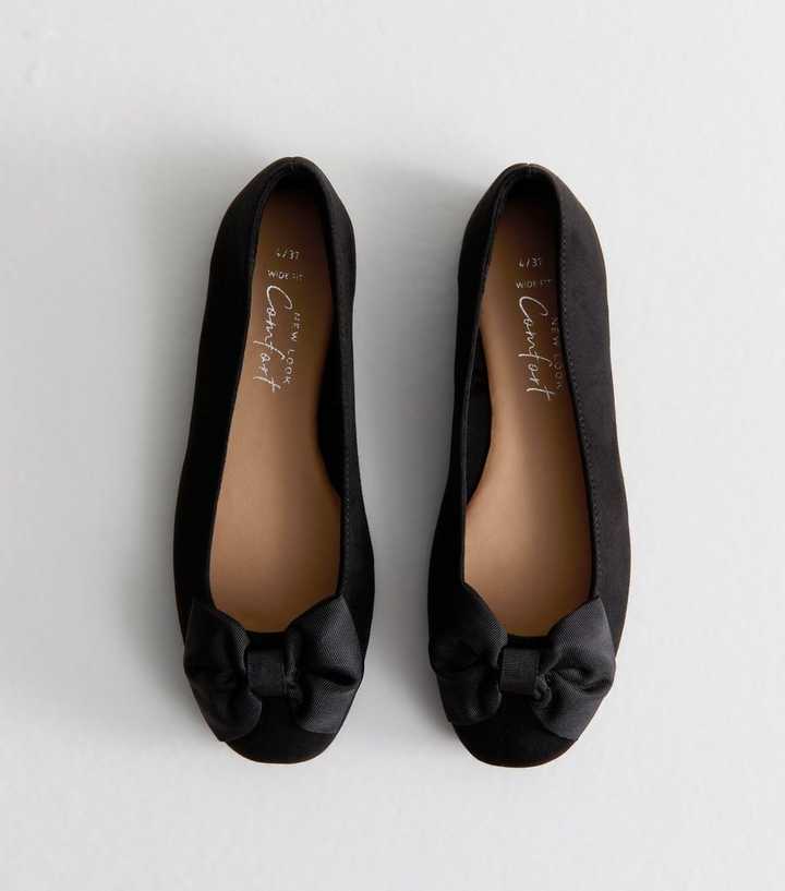 Wide Fit Black Faux Suede Bow Detail Ballet Flats